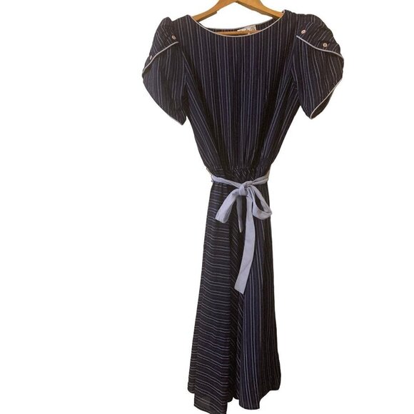 VINTAGE Franky B Dress Size 14 Rockabilly Navy Purple Stripe Midi Length Buttons - Picture 1 of 6